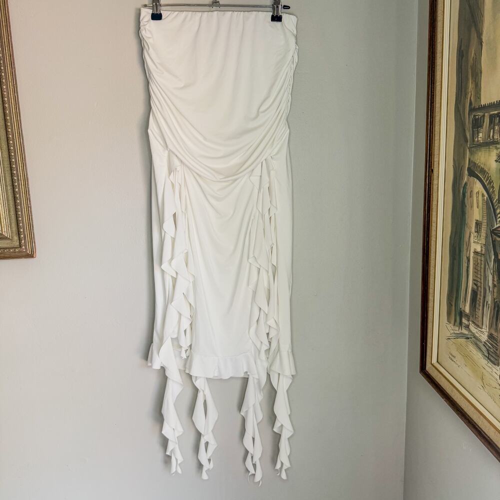 Boutique White Strapless Cascading Ruffle Bodycon Midi Dress Size M